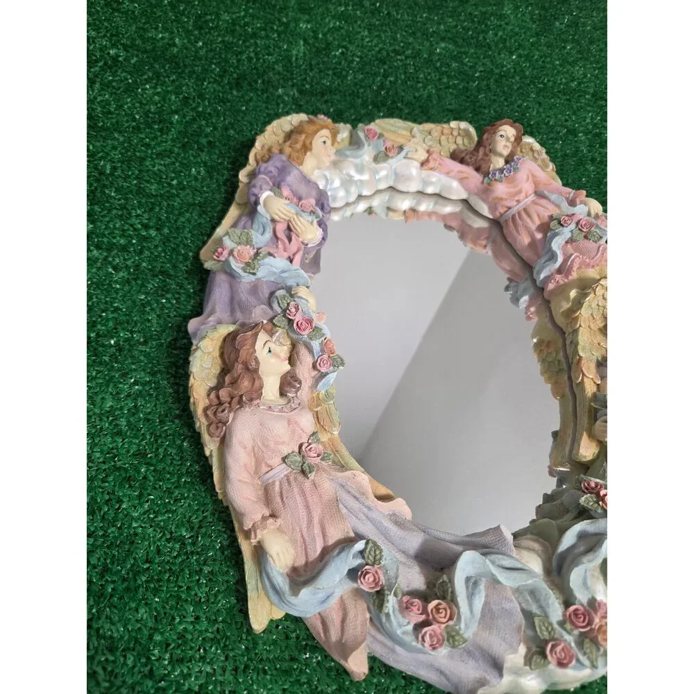 Vintage Jamy Inc. 3D Four Angels & Roses Oval Wall Mirror Shabby Chic Decor